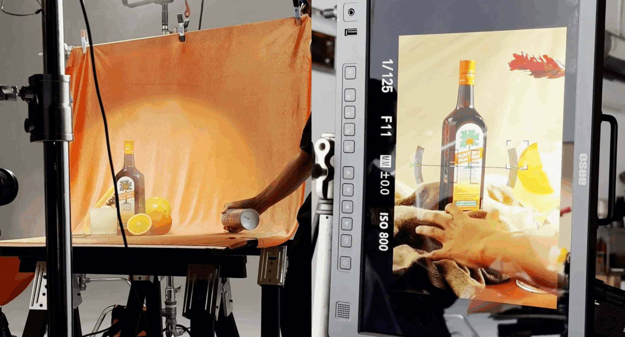 Behind-the-scenes photo shoot of a Munyon’s Paw-Paw liqueur bottle